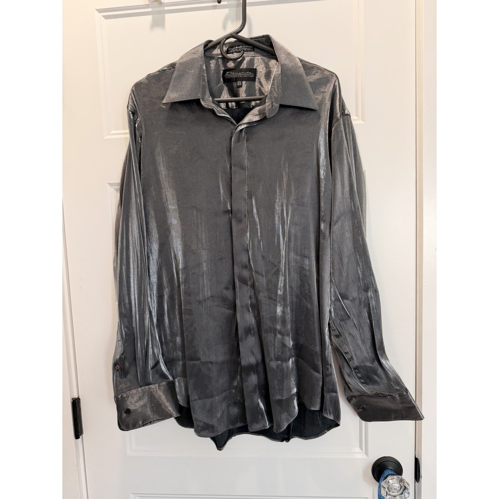 D'amante Couture Metallic Mens Shirt 16.5 Gray Shiny Rayon‎ Button Down Y2K